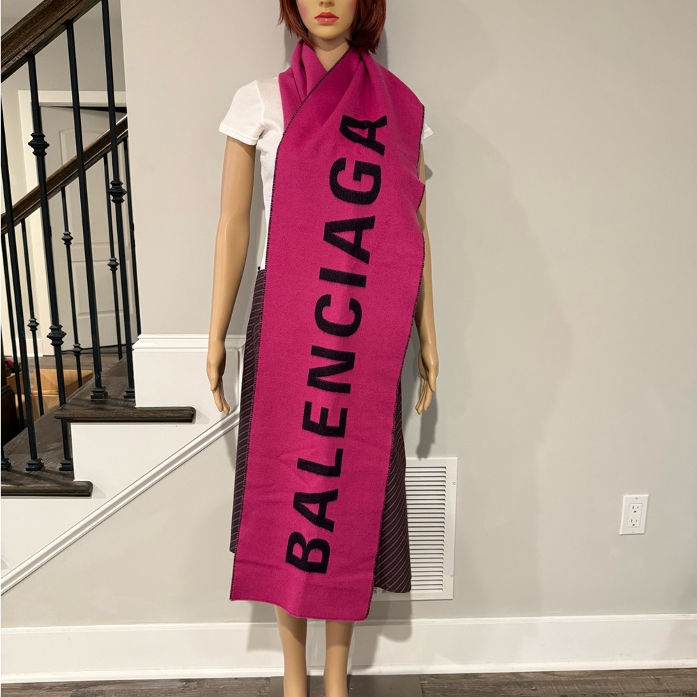 Balenciaga Fuchsia and Brown Wool Logo Scarf